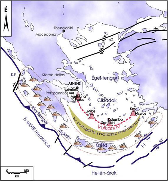 4.2. ábra: Az Égei-tenger medencéjének tektonikai képe Görög és amerikai kutatók 2006-ban szeizmikus tengerfenéki vizsgálatokat végezve kiderítették, hogy a Théra kitörése sokkal nagyobb volt, mint