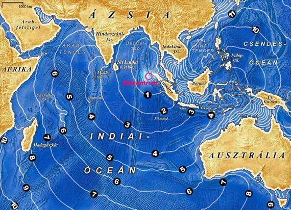 4.13. ábra: A 2004-es tsunami hullám terjedési sebessége A tengerfenék megemelkedése jelentősen csökkentette az Indiai-óceán kapacitását, ami becslések szerint 0,1 milliméterrel emelte meg a globális