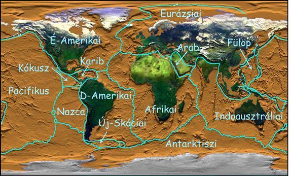 3.11. ábra: A Föld felszínét alkotó legfontosabb litoszféra lemezek Ezek a közel merevnek tekinthető lemezek egymáshoz viszonyítva mozognak.