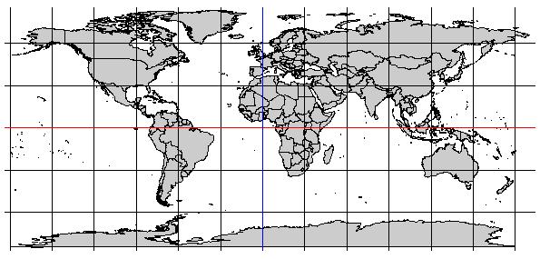 map(database="world", col="gray80", fill=true) longs <- seq(-180,180,30) lats <- seq(-90,90,30) abline(h=lats,v=longs) abline(h=0, col="red") abline(v=0, col="blue") Megjegyzés: a world adatbázis