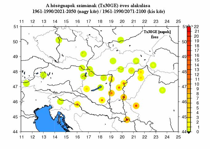 A 7. ábrán térképes formában ábrázoljuk a hőségnapok számának (Tx30GE) várható alakulását az 1961-1990 referencia időszakhoz képest.