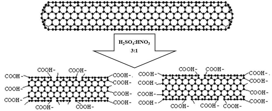 Irodalmi áttekintés 5. ábra: Szén nanocsövek savas funkcionalizálásának sematikus ábrája (Forrás: DOI - 10.5772/1648
