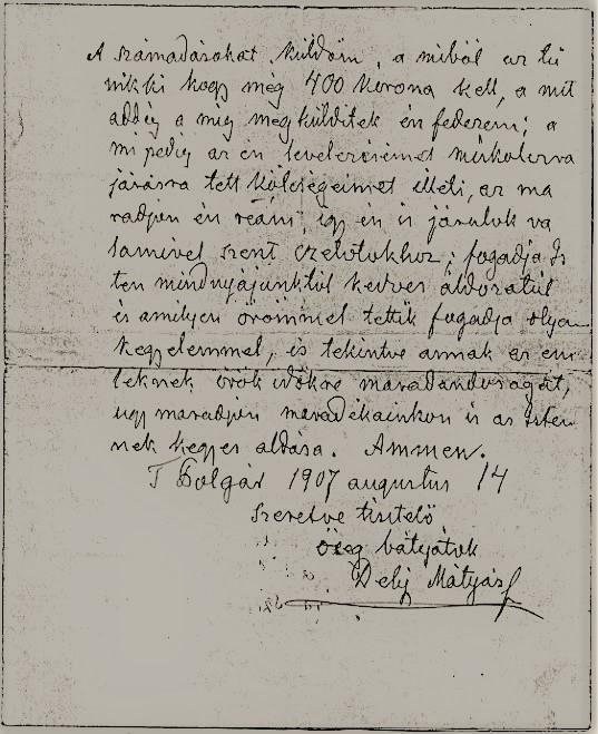 Dely Mátyás levele az Amerikába kivándorolt polgáriakhoz (1907.
