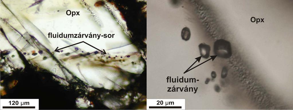 A fluidumzárványok mikroszkópi képe Bezáró ásvány: Mg-szilikát