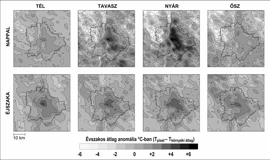 meg. További jelentős eltéréseket láthatunk a tavaszi időszakban is. Az évszakos maximális anomáliaértékek a nappali órákban nyáron meghaladják a 12 C-ot, illetve tavasszal a 8 C-ot.