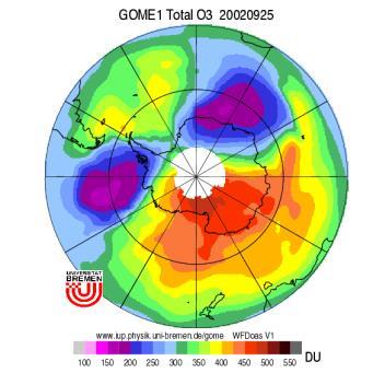 Az ozonoszféra (ózonpajzs) sérülése Ózonlyuk 2002 szeptemberében az Antarktisz felett az É-i pólus közelében: nincs akkora lehűlés, mint az Antarktiszon rövidebb ideig vannak csak PSzF-k kevesebb CFC