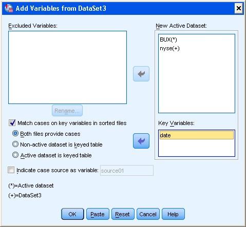 116 Az SPSS programcsomag 4.5. ábra. BUX és NYSE záró indexeinek összekapcsolása. válasszuk ki a hozzácsatolandó állományt.