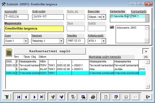 2 ESZKÖZÖK ÁTTEKINTÉSE (M ENÜ : 1 / 1) Az eszközök adatainak áttekintése, az adatok módosítása integrált képernyőn történik, az eszközök, munkalapok adatkezeléséhez szükséges funkciók erről a