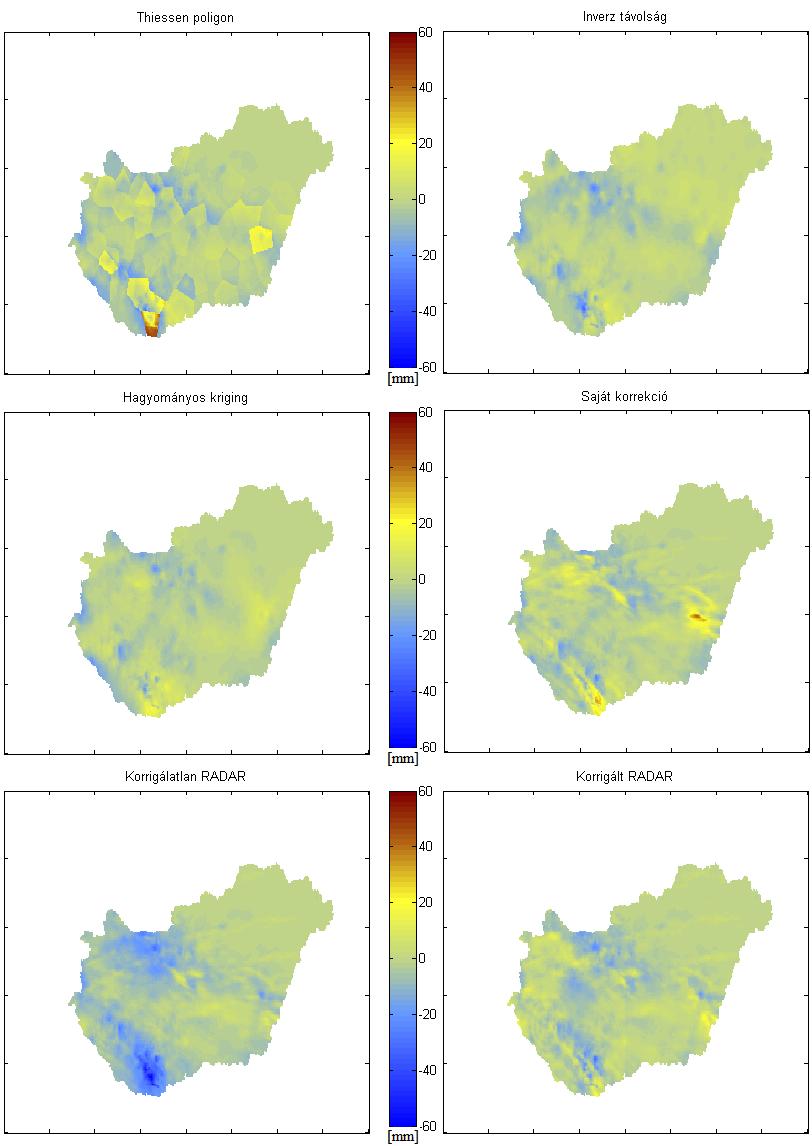 14. ábra: A különböző eljárásokkal készült csapadékmezők és a MISH interpolációval