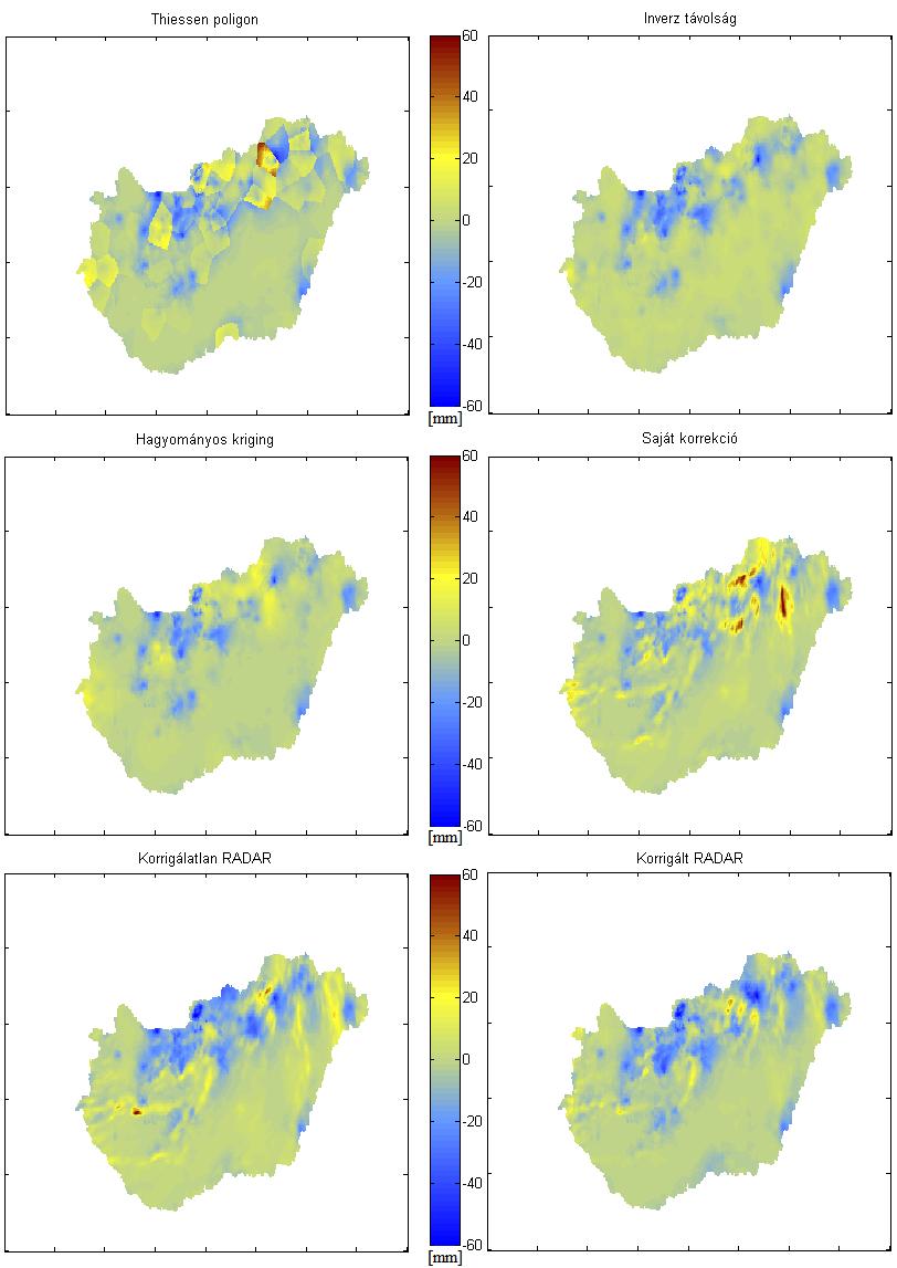 18. ábra: A különböző eljárásokkal készült csapadékmezők és a MISH interpolációval