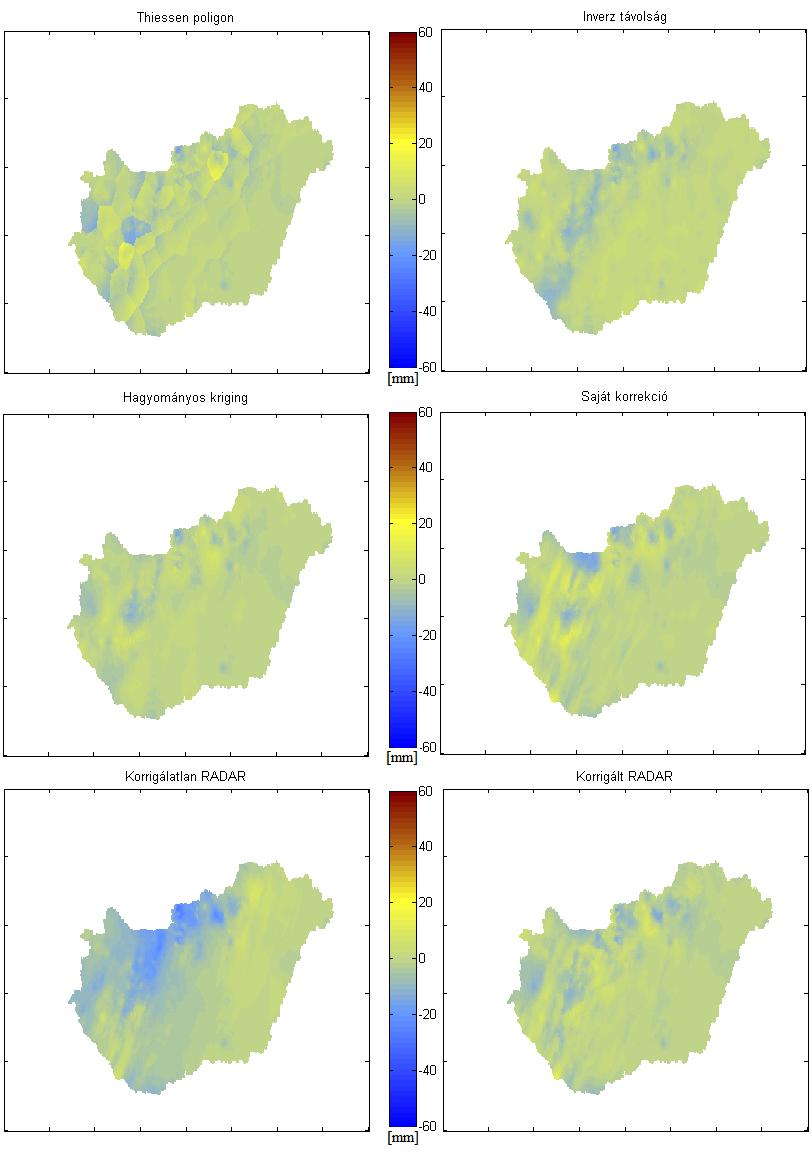 26. ábra: A különböző eljárásokkal készült csapadékmezők és a MISH interpolációval
