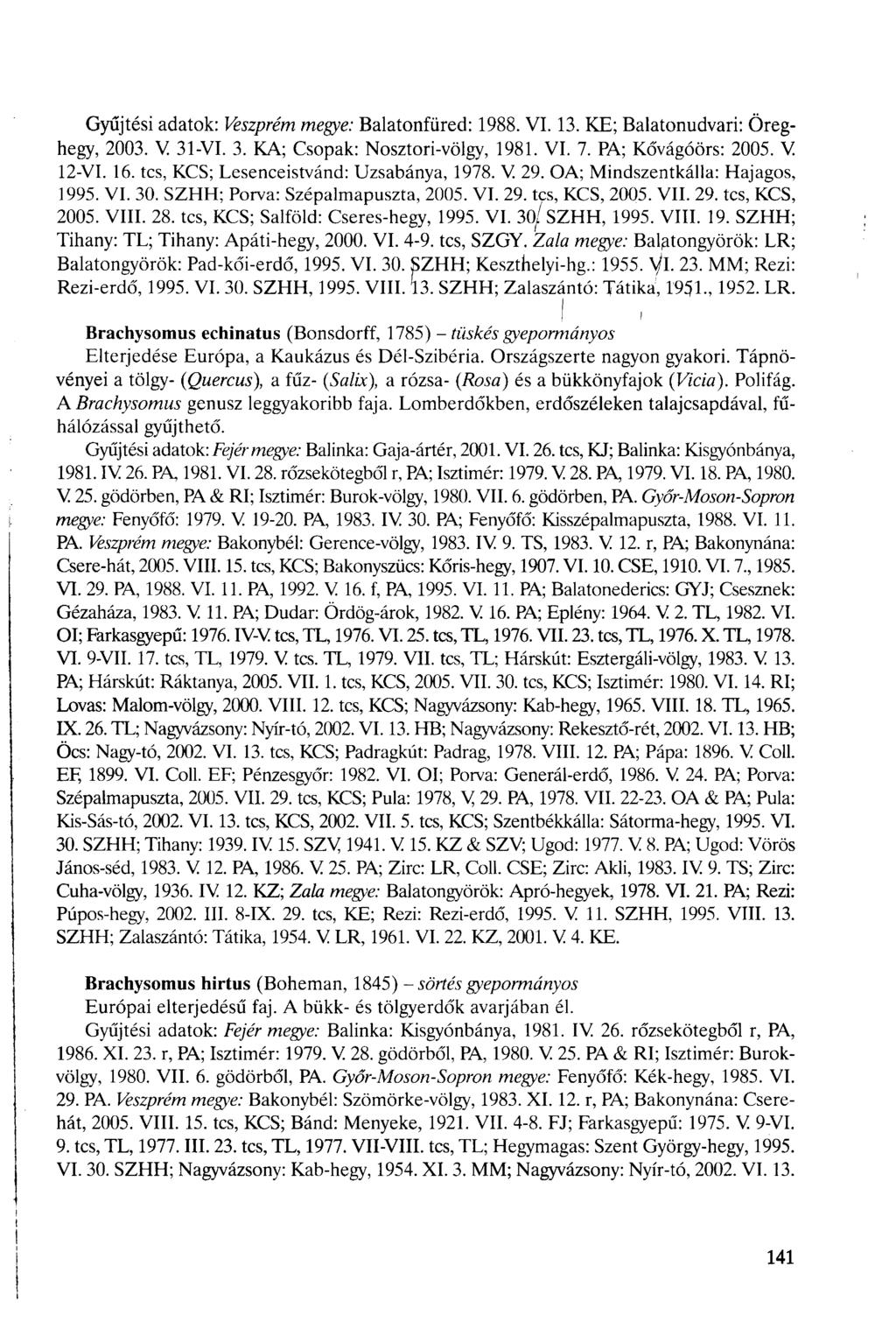 Gyűjtési adatok: Veszprém megye: Balatonfüred: 1988. VI. 13. KE; Balatonudvari: Öreghegy, 2003. V 31-VI. 3. KA; Csopak: Nosztori-völgy, 1981. VI. 7. PA; Kővágóörs: 2005. V 12-VI. 16.