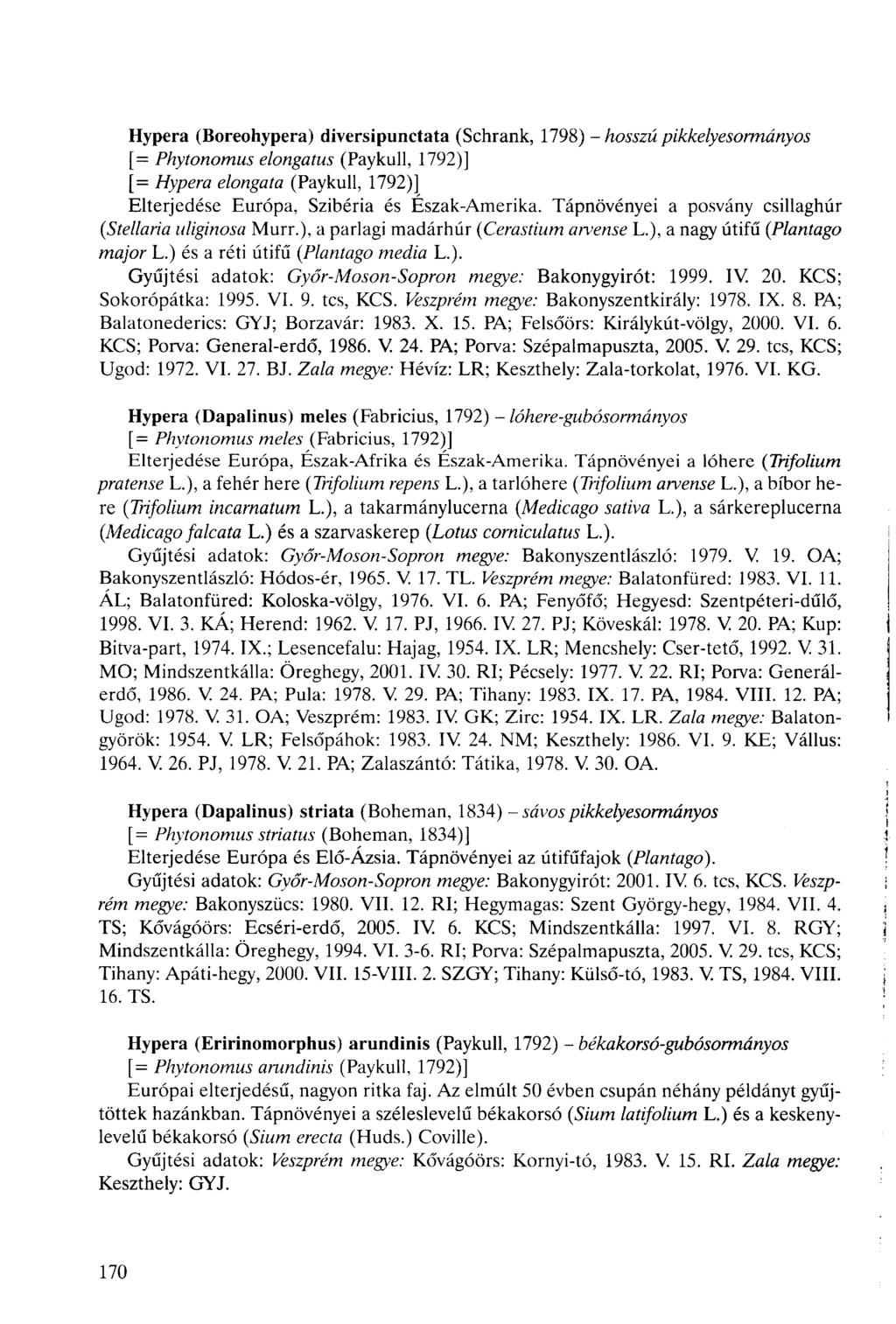 Hypera (Boreohypera) diversipunctata (Schrank, 1798) - hosszú pikkelyesormányos [= Phytonomus elongatus (Paykull, 1792)] [= Hypera elongata (Paykull, 1792)] Elterjedése Európa, Szibéria és