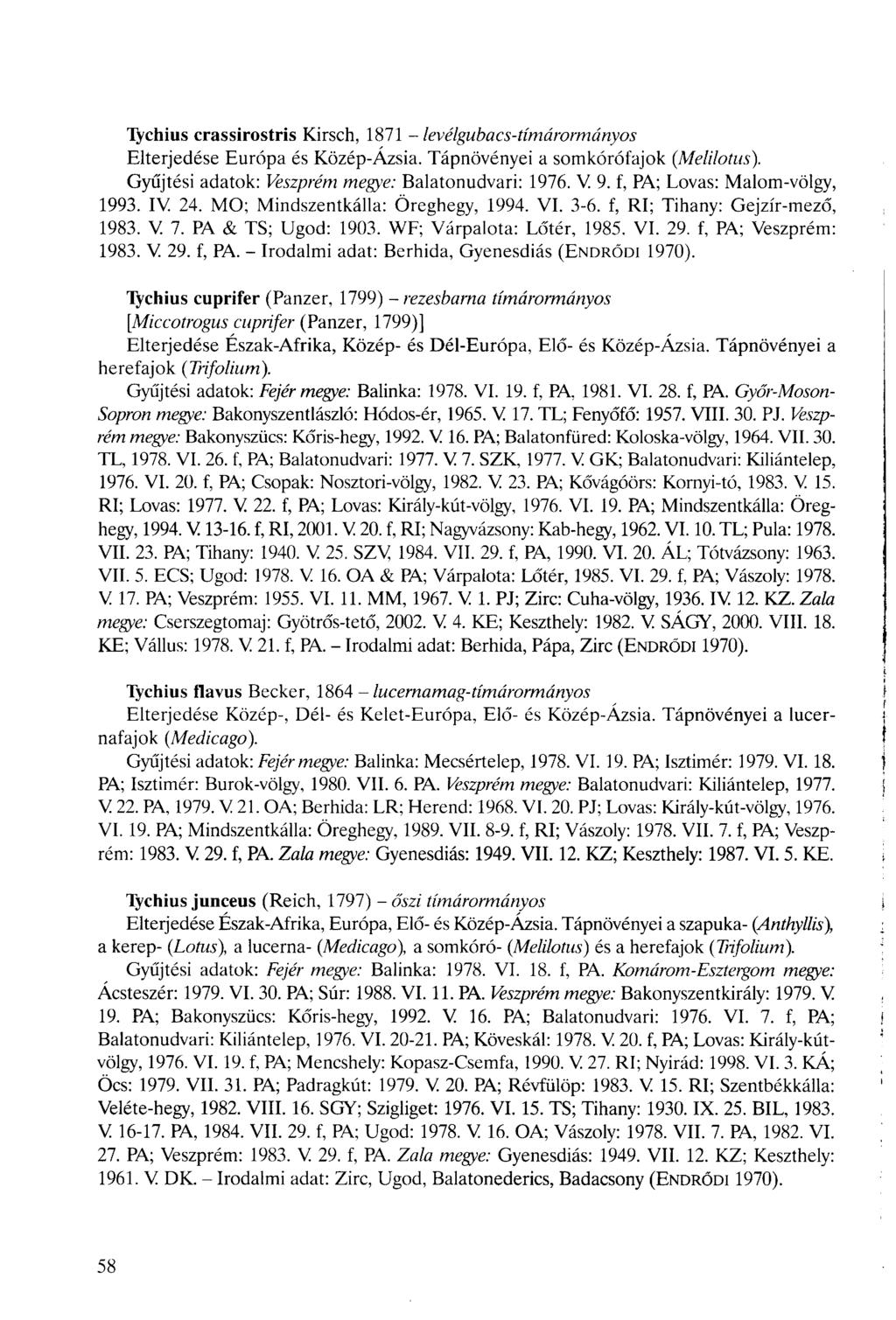 Tychius crassirostris Kirsch, 1871 - levélgubacs-tímárormányos Elterjedése Európa és Közép-Ázsia. Tápnövényei a somkórófajok (Melilotus). Gyűjtési adatok: Veszprém megye: Balatonudvari: 1976. V. 9.