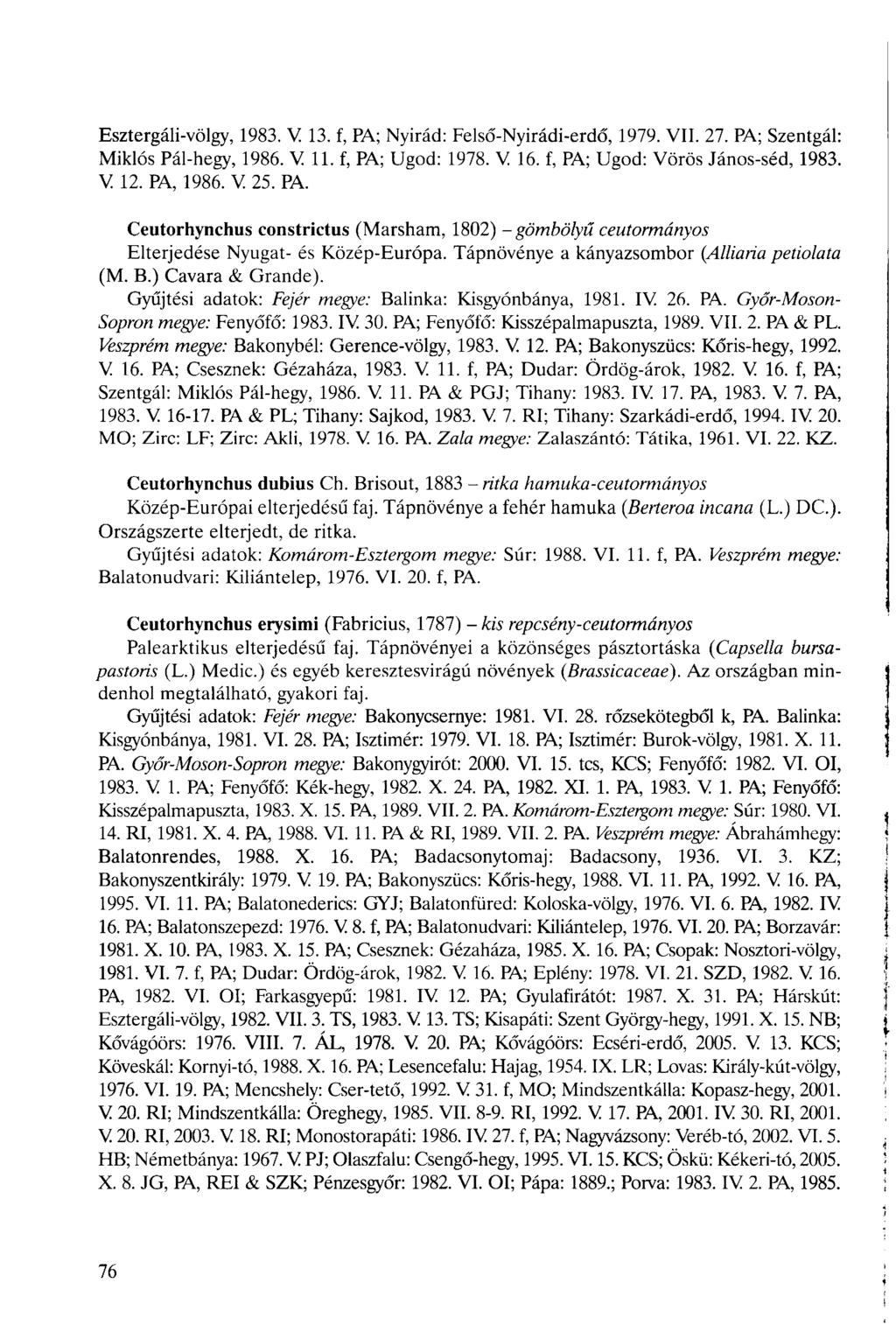 Esztergáli-völgy, 1983. V 13. f, PA; Nyirád: Felső-Nyirádi-erdő, 1979. VII. 27. PA; Szentgál: Miklós Pál-hegy, 1986. V 11. f, PA; Ugod: 1978. V 16. f, PA; Ugod: Vörös János-séd, 1983. V 12. PA, 1986.