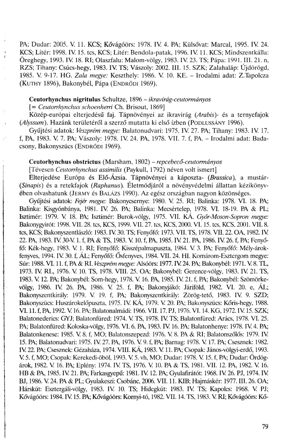 PA; Dudar: 2005. V 11. KCS; Kővágóörs: 1978. IV 4. PA; Külsővat: Marcal, 1995. IV 24. KCS; Liter: 1998. IV 15. tes, KCS; Liter: Bendola-patak, 1996. IV 11. KCS; Mindszentkálla: Öreghegy, 1993. IV. 18.