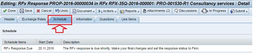 A dokumentáció benyújtási határideje a Schedule (ütemezés) fülre kattintva jelenik meg. Az RFx automatikusan bezárul, amikor a benyújtási határidő lejár.