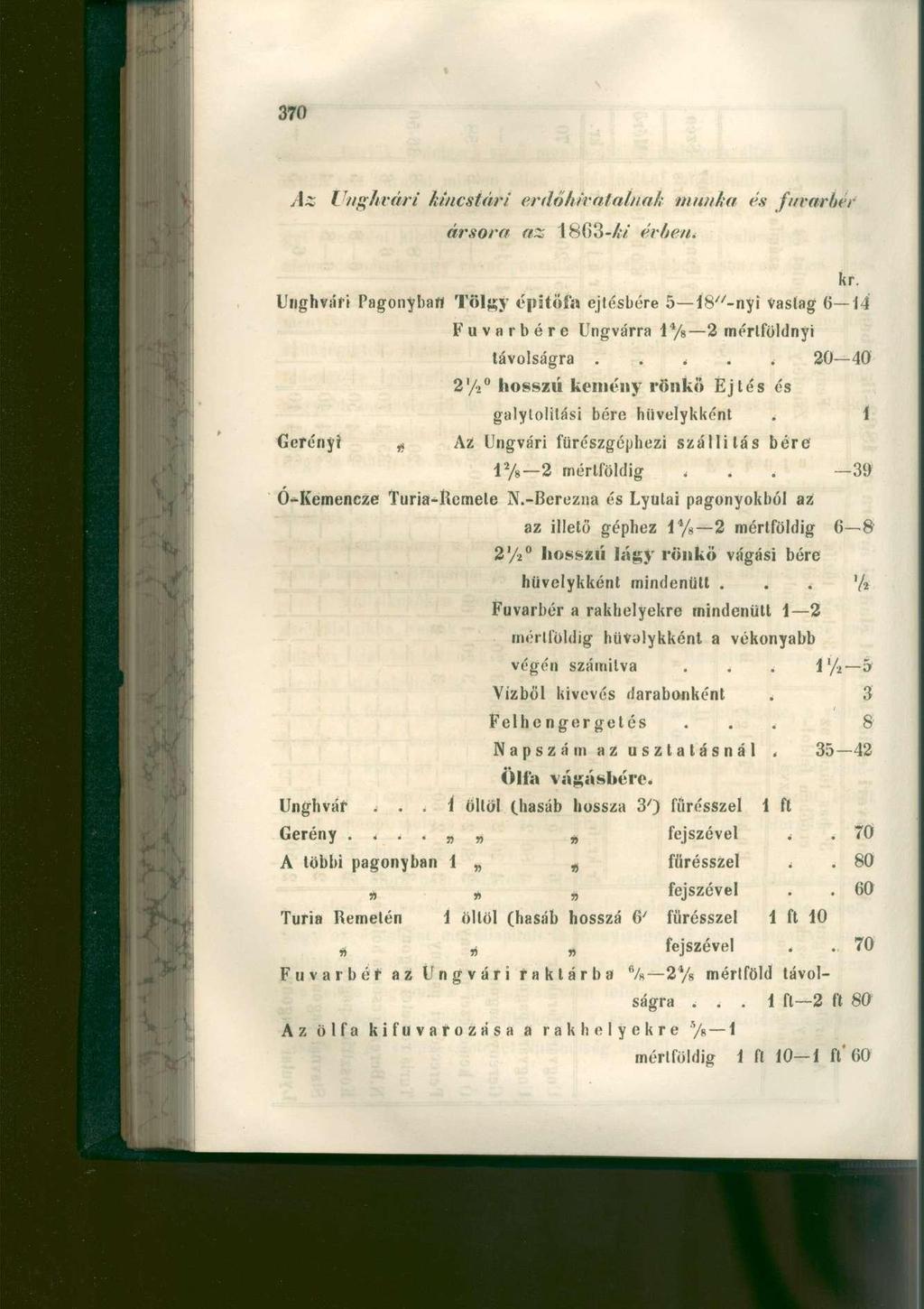 » Az Unghvári kincstári erdőhiralalnak munka és fuvarbér ársora az 1863-/7 évben* Unghvári Pagonyban Tölgy építőin ejtésbére 5 18 // -nyi vastag 6 14 Fuvarbére Ungvárra 1 */ 8 2 mértföldnyi kr.