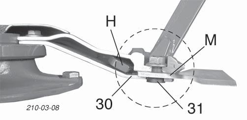 A kart az "A" helyzetbôl a "B" helyzetbe kell fordítani és a mozgó tartót (30) le kell nyomni. 3. Távolítsuk el a kaszakést (M).