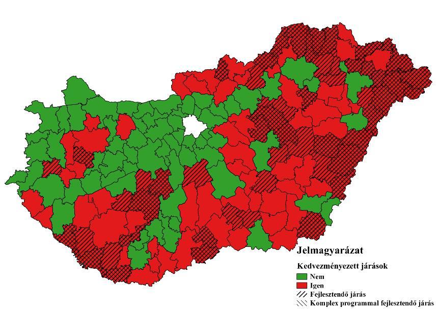 3. ábra: A kedvezményezett, fejlesztendő és komplex programmal fejlesztendő járások a 290/2014. (XI. 26.) Korm. rendelet alapján, saját szerkesztés.