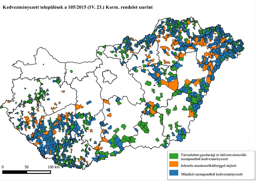 4. ábra: A kedvezményezett települések a 105/2015. (IV. 23.) Korm. rendelet alapján, saját szerkesztés.