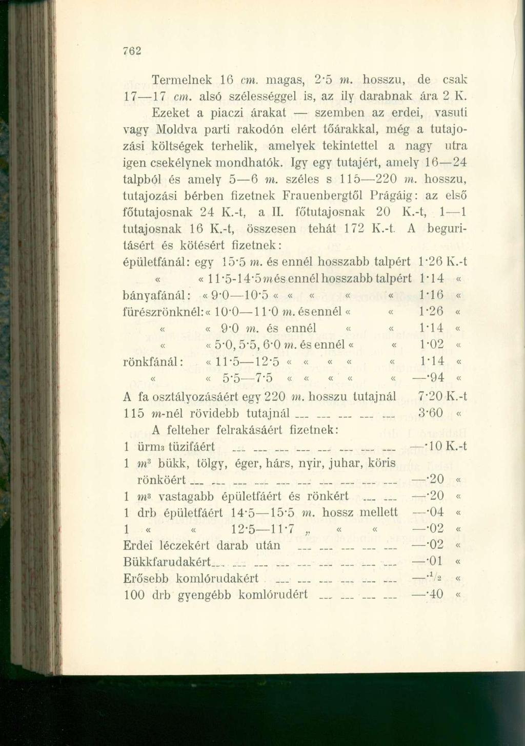 762 Termelnek 16 cm. magas, 2'5 m. hosszú, de csak 17 17 cm. alsó szélességgel is, az ily darabnak ára 2 K.