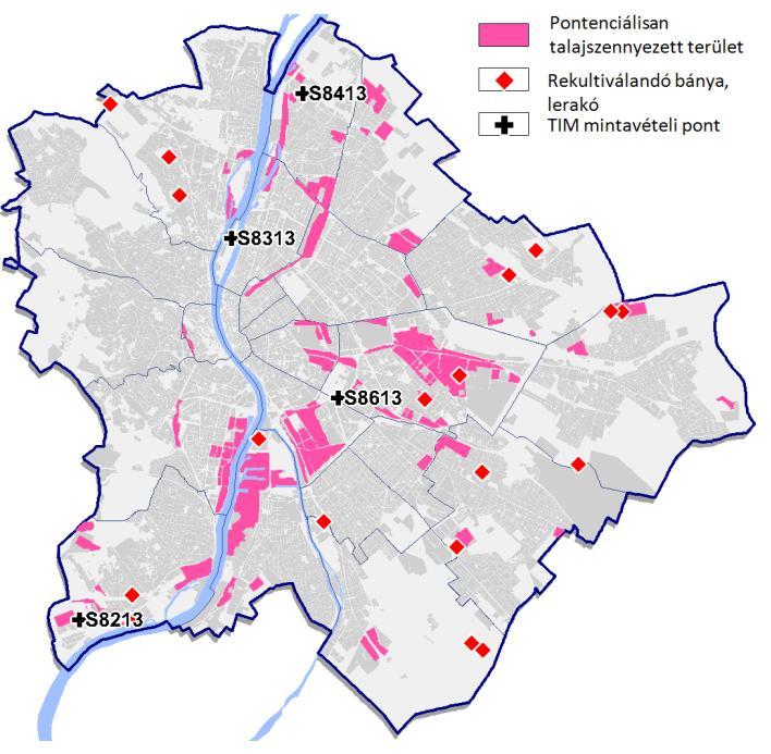 13. ábra: Potenciális szennyezett és rekultivációt igénylő területek, valamint a Talajvédelmi Információs és Monitoring Rendszer mérőpontjainak elhelyezkedése Budapesten (Adatforrás: KvVM 2009.