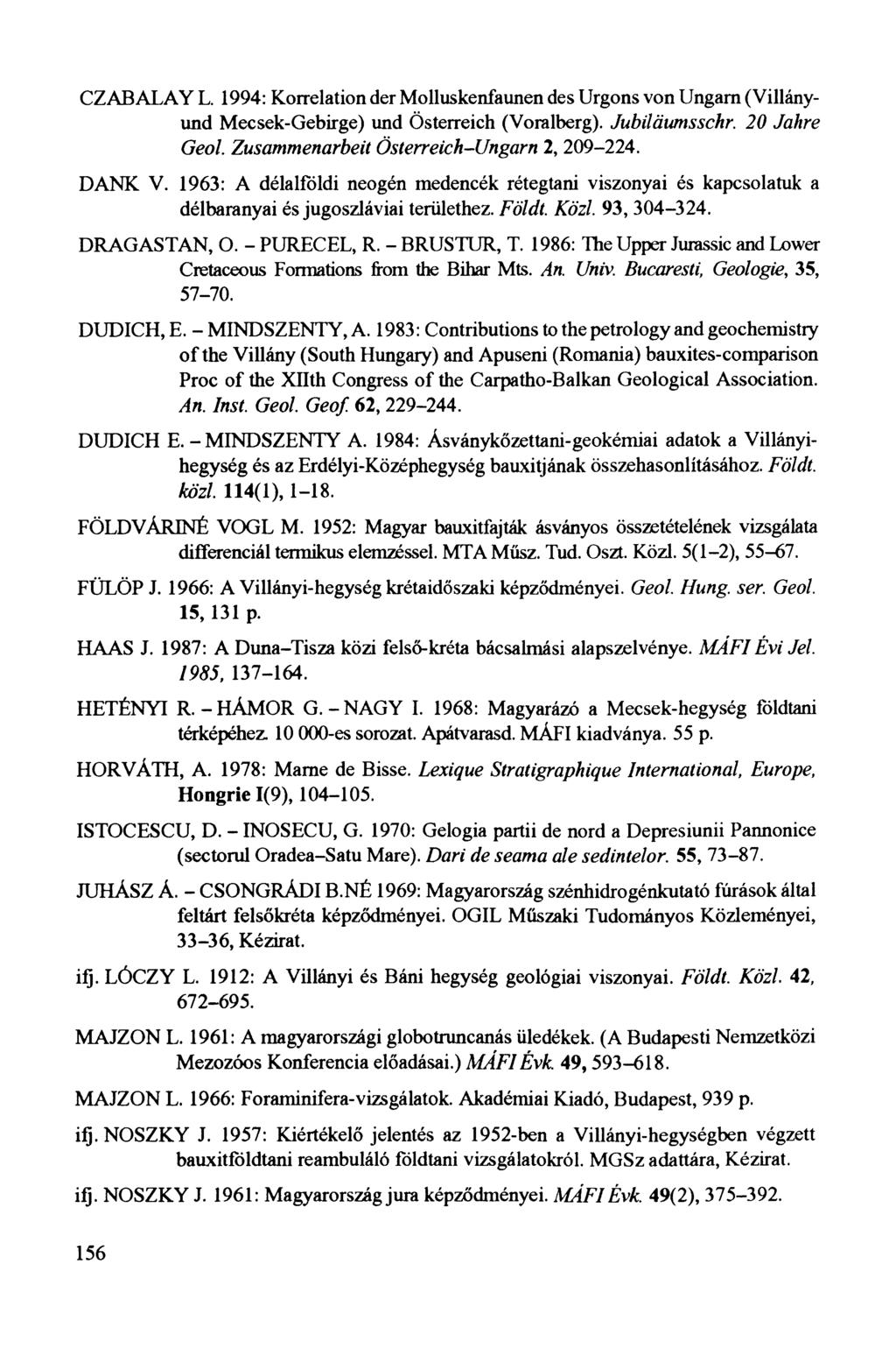 CZABALAY L. 1994: Korrelation der Molluskenfaunen des Urgons von Ungarn (Villányund Mecsek-Gebirge) und Österreich (Voralberg). J u b ilä um sschr.