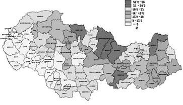 A regionális fejlesztés környezete Dél-Szlovákiában 145 8. ábra. A munkanélküliségi ráta területi megoszlása járások szintjén két évvel az EU-ba lépést követõen (2006.