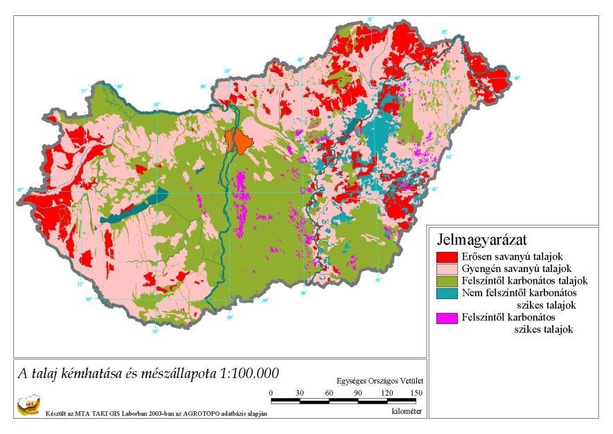 1. ábra Magyarország talajinak kémhatása és mészállapota (Készült az MTA TAKI GIS Laborban az AGROTOPO adatbázis alapján 2003-ban) A hazánk talajtakarójának (1.