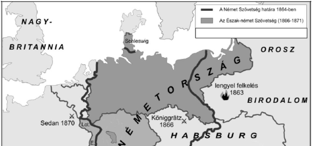 6. A feladat az egységes Németország születésével kapcsolatos. Oldja meg a feladatokat a térképvázlat és ismeretei segítségével! (Elemenként 1 pont.