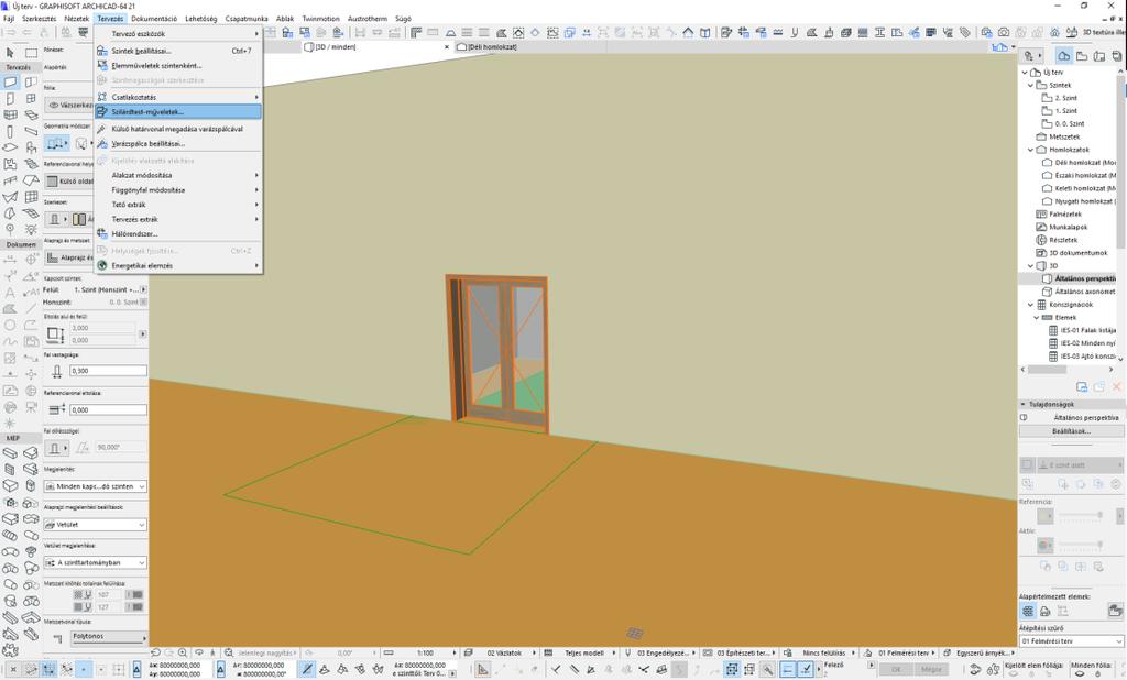 IV. Szilárdtest művelet Adva van egy alaprajzunk, amit előre elkészítettünk. Ha behozzuk 3D-be a modellünket, akkor lehet látni, hogy azt eltakarja a vele egy síkban lévő födém.