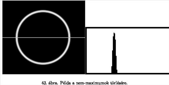 A 43. áb-rán példát adunk a nem-maximumok törlésére. Az NMS vékonyítja a kontúrokat az élerősség képen, ahol egy sort kiemeltünk. A sorban az élerősség-metszetet a középső képen kinagyítva mutatjuk.