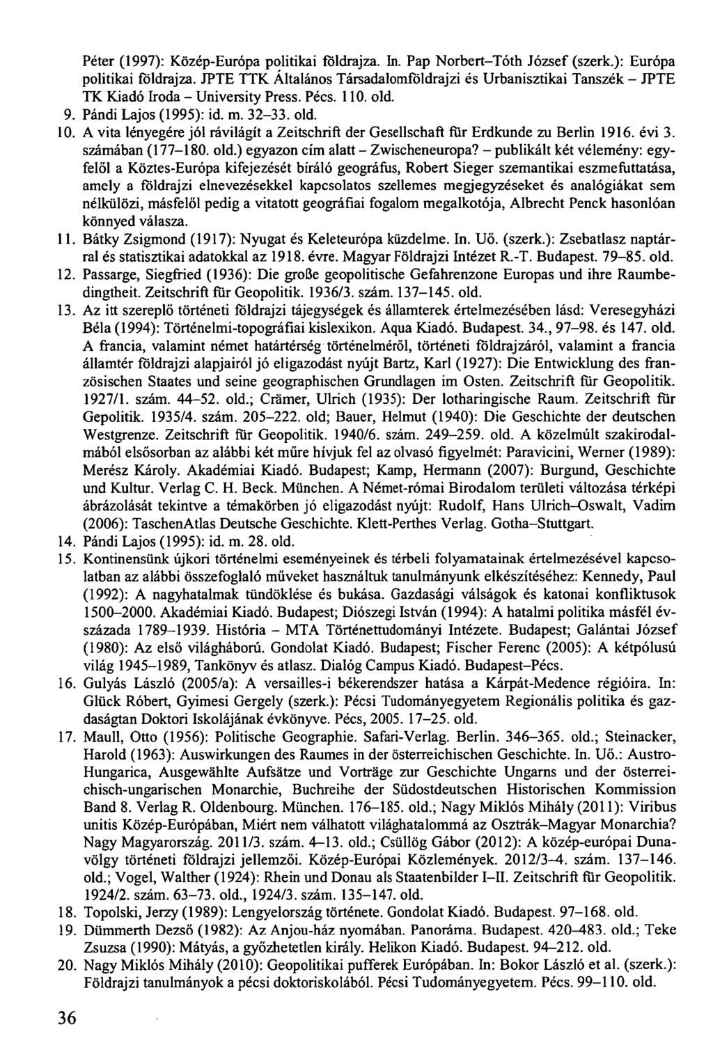 Péter (1997): Közép-Európa politikai földrajza. In. Pap Norbert-Tóth József (szerk.): Európa politikai földrajza.