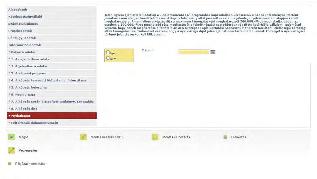 A nyilatkozat elfogadása ( Igen választása) nélkül a pályázat nem véglegesíthető. A dátum mezőbe kérjük az aktuális dátum rögzítését.