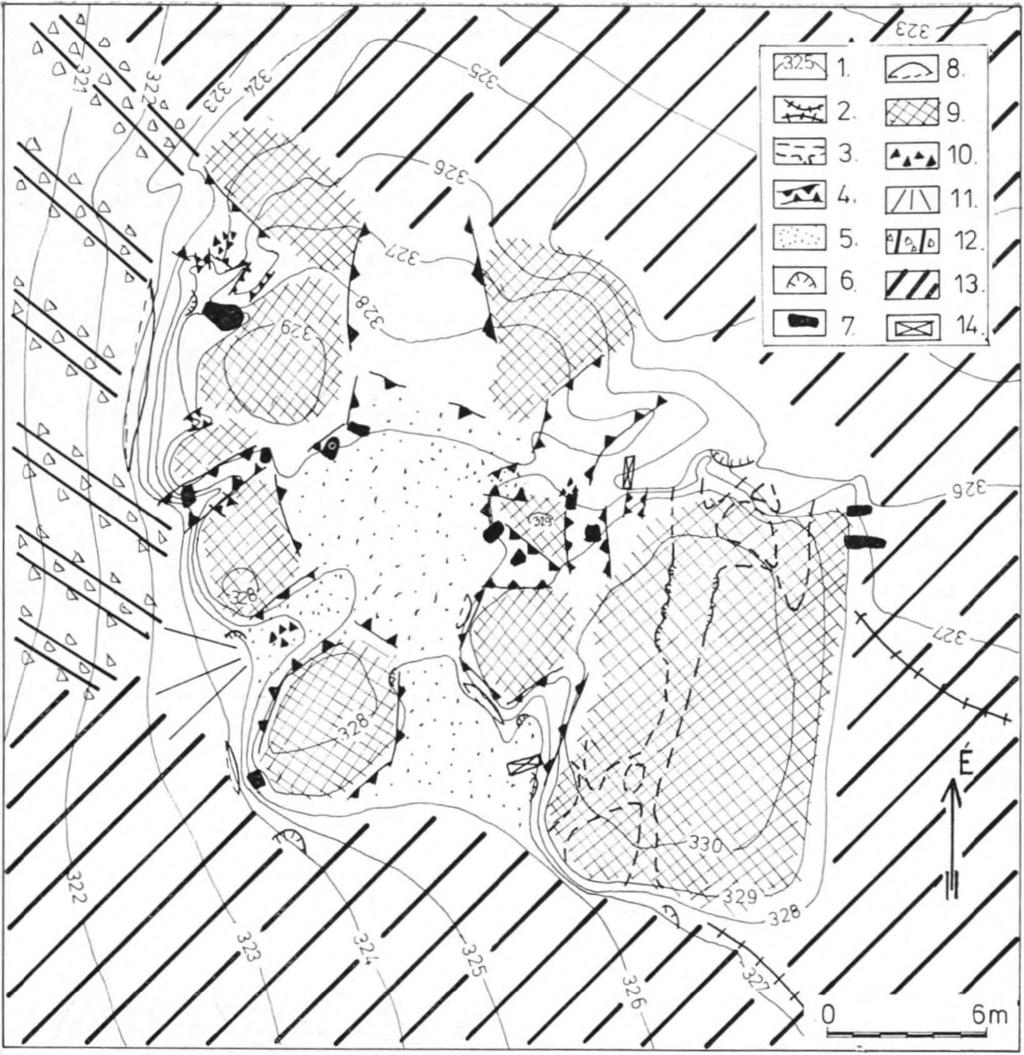 2. ábra. A Hódos-éri Likas-kő morfológiai térképe. Jelmagyarázat: 1. szintvonal, 2. nyereg, 3. barlang, 4. barlangmaradvány, 5. felt ölté s, 6. üst, 7. kürtőmaradvány, 8. sziklaeresz, 9.