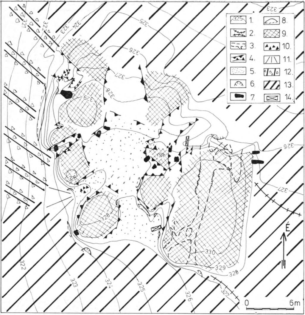 2. ábra. A Hódos-éri Likas-kő morfológiai térképe. Jelmagyarázat: 1. szintvonal, 2. nyereg, 3. barlang, 4. barlangmaradvány, 5. felt ölté s, 6. üst, 7. kürtőmaradvány, 8. sziklaeresz, 9.