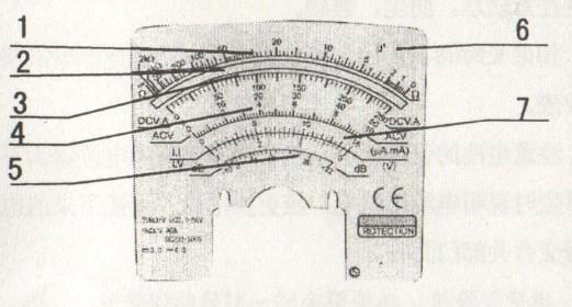 5. Mérési Skála 1. Ellenállás skála jelölései 2. Beépített tükör 3. DC/AC skála jelölései 4. ACV skála jelölései, elem és ellenállás skála jelölései 5. DB skála jelölései 6.