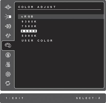 Vezérlés Magyarázat Color Adjust (Színbeállítás) több színbeállítási módot nyújt: el beállított szính mérsékleteket és User Color (Felhasználói színek)-t, melyek lehet vé teszik a piros (R), zöld