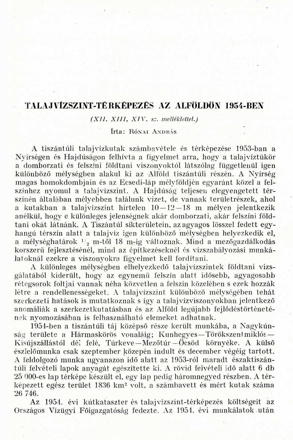 T AL A J VlZSZINT-TÉ RKÉPEZÉS AZ ALFÖLDÖN 1954-BEN (XII, XIII, XIV. sz. melléklettel.