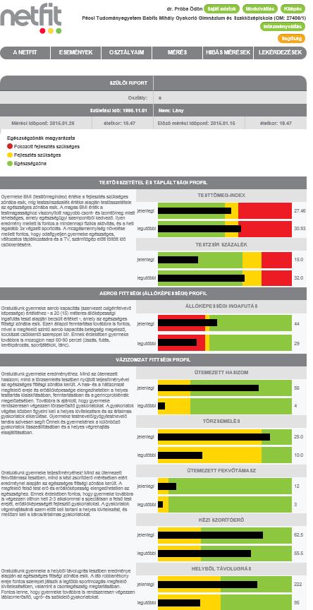 6.7.1.3 Egyéni szintű lekérdezés Tanulói és szülői riport Szülői képernyőre A kimutatás eredménye tesztenként készít összehasonlítást a két mérés eredménye között.