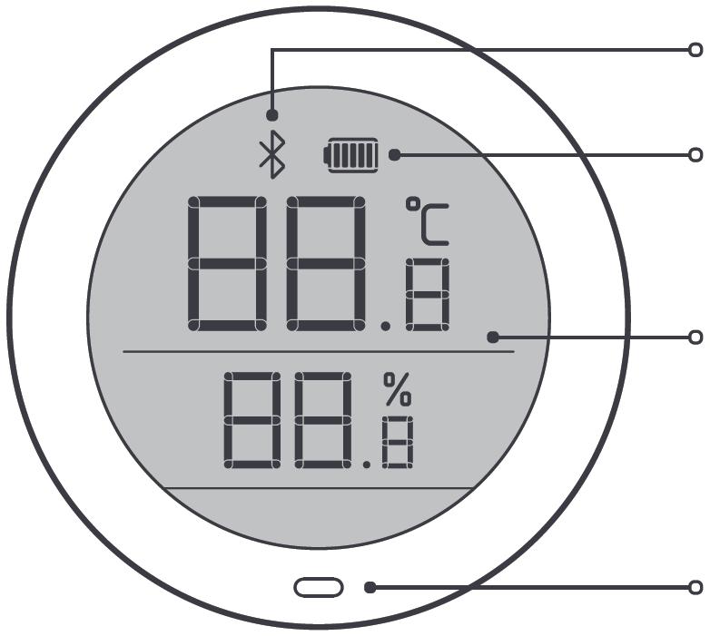 KEZELŐSZERVEK Bluetooth ikon Elemtöltöttség visszajelzés Hőmérséklet és páratartalom Szellőző nyílás AAA Elem