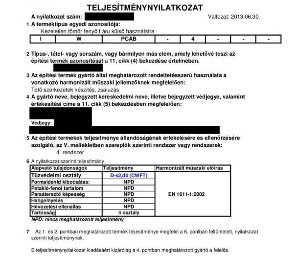 51 Teljesítménynyilatkozat Termék jellemzői Szabvány megnevezése Teljesítmények