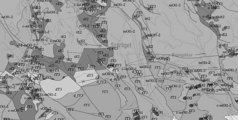 Magyarország hegyvidéki területeinek fúrási és földtani térképi adatbázisa 163 3. színes ábra. A Dunántúl Észak terület prepannon képződményeinek földtani térképe (részlet) Jelkulcs: mol1 2 = Mányi F.