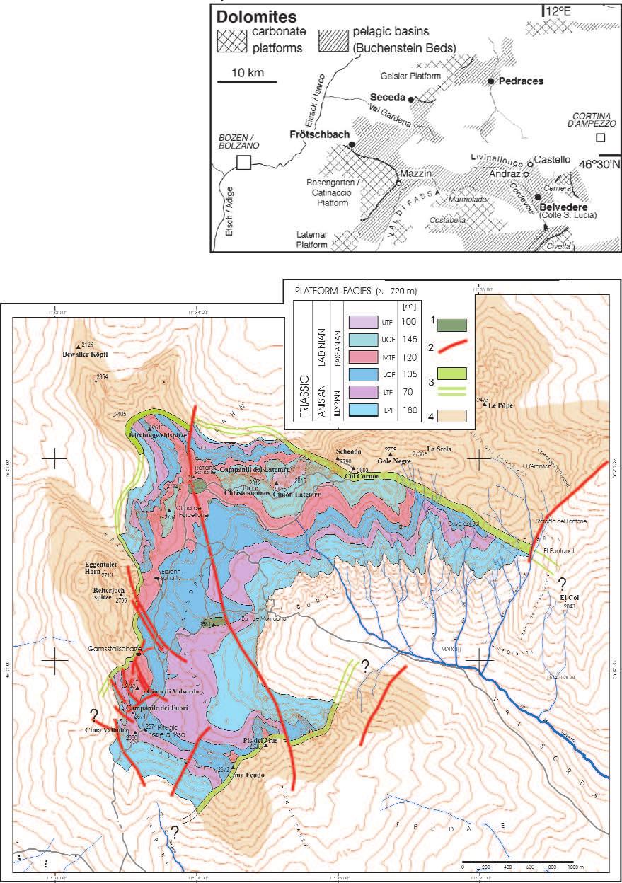 178 BUDAI TAMÁS et al. 1. ábra. A A ladin platformok és medencék vázlatos térképe a Dolomitok ÉNy-i és központi területén (MUTTONI et al.