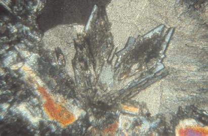 A tállyai andezitre jellemző kétfázisú hólyagüreg-kitöltés. 25 obj. N. (A kép hosszú éle 0,68 mm) Photo 22. Kopasz-hegy quarry, Tállya.