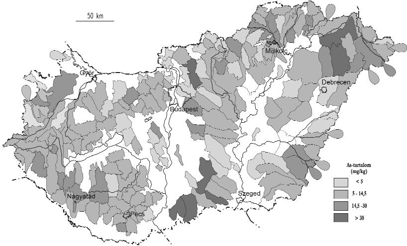Éghajlatváltozások geokémiai hatásai Magyarország középső és keleti részén 67 3. ábra. Magyarország ártéri üledékeinek arzéntartalma (ÓDOR et al. 1998 után) Figure 3.