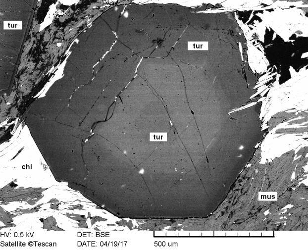 néhány 100 µm-es vékony szálakból álló fehér csillámból és kloritból álló irányított halmaz, hálózat adja a kőzet foliációját.
