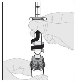 Válassza le a fecskendőt az injekciósüveg-adapterről, óvatosan húzva, és az óramutató járásával ellentétes irányba fordítva az injekciós üveget.