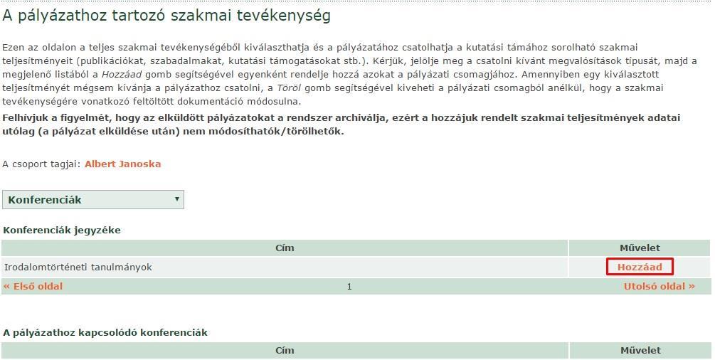 c) Pályázati dokumentumok csatolása: Itt megjelennek azok a dokumentumok, melyeket a Személyes adatok menüoszlopban a Dokumentumok csatolása